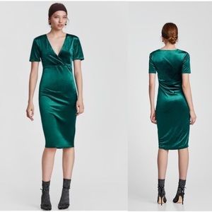 Zara Green Velvet Midi Bodycon Cocktail Dress